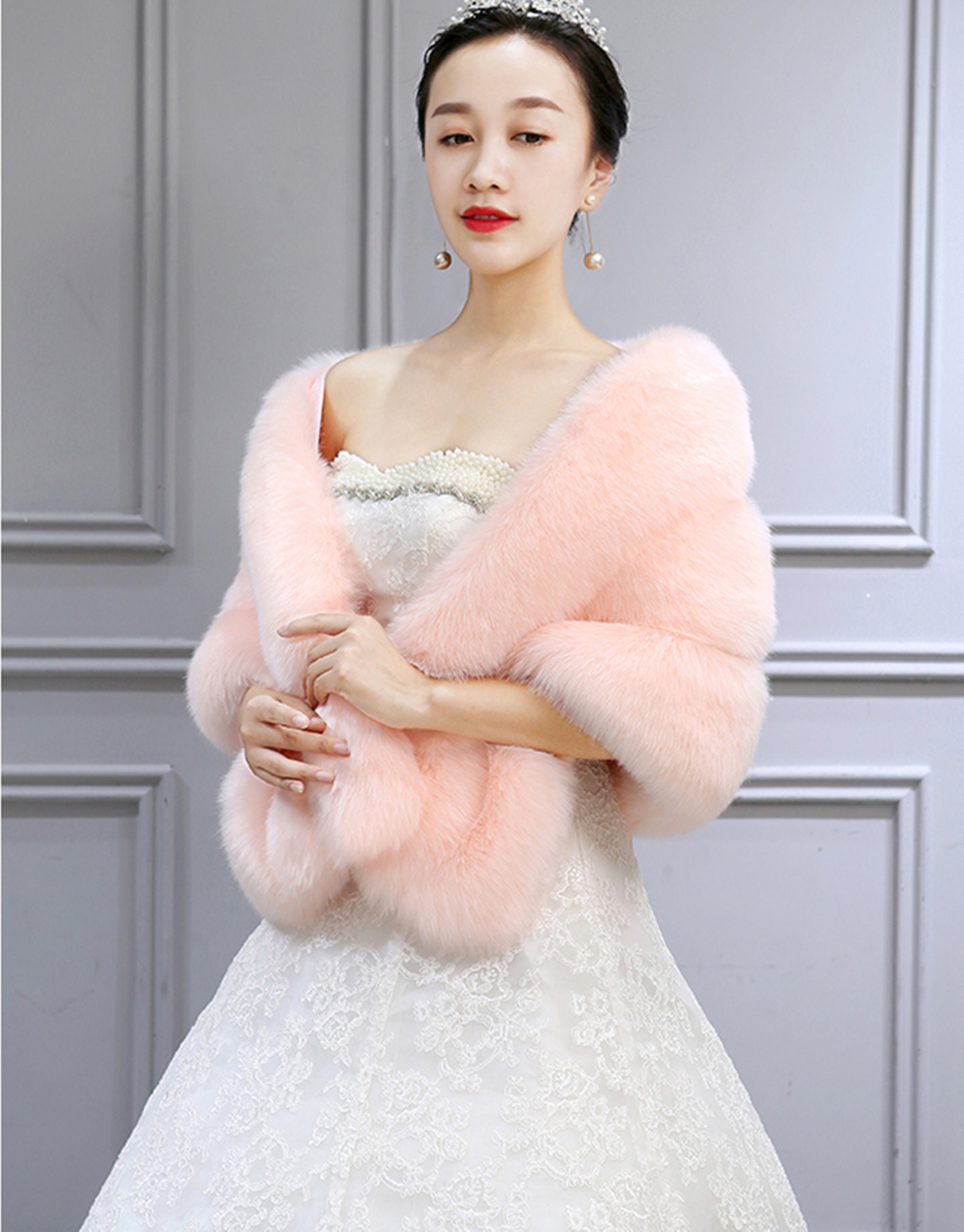 Pink Faux Fur Shawl Wedding Fox Fur Wrap Pink Bridal Stole Etsy