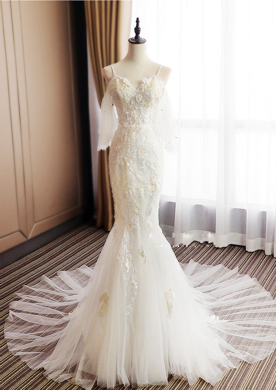 Embroidered Lace Mermaid Wedding Dress Sexy Spaghetti Off Etsy
