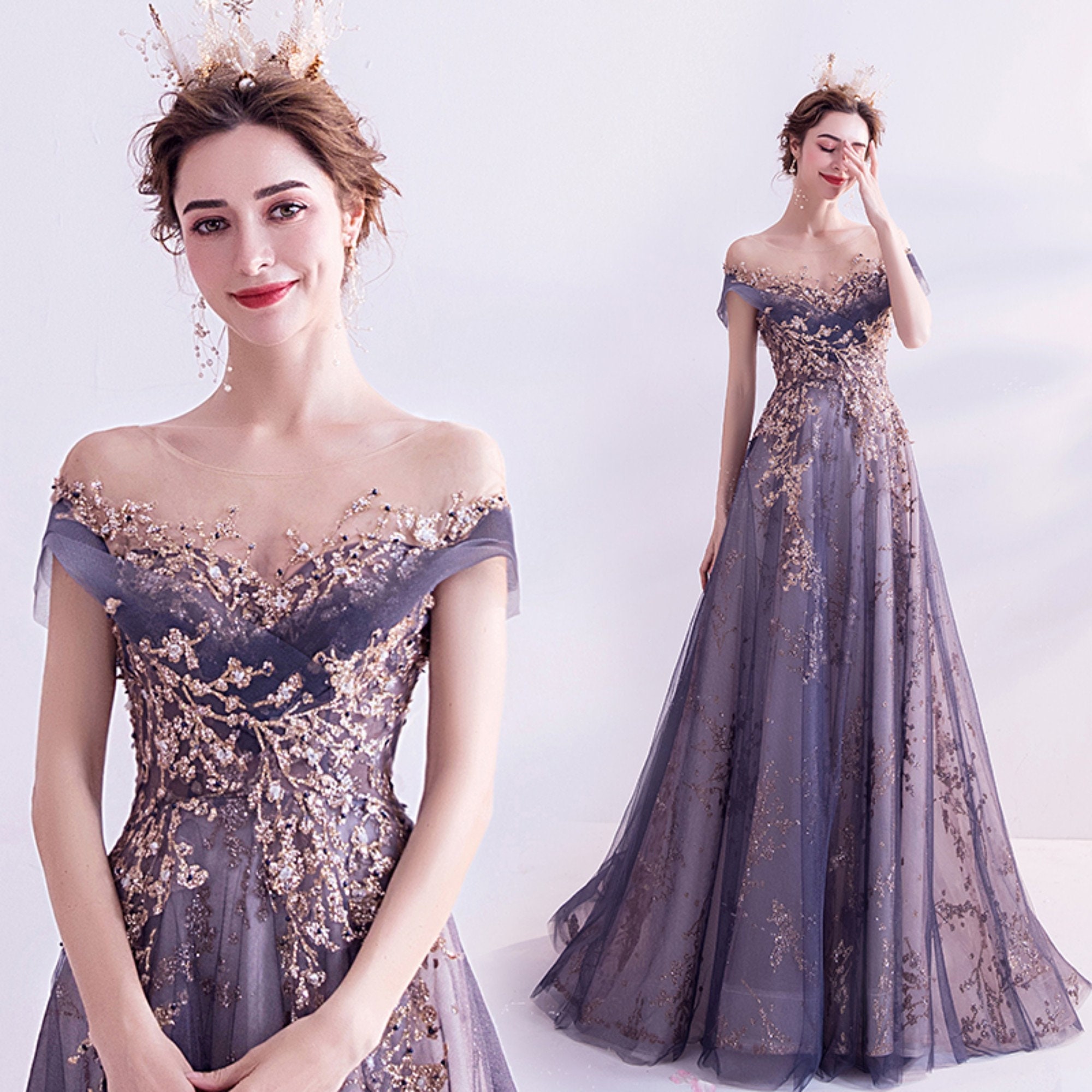 Royal Purple Evening Dress for Women Sparkle Formal Gown Sheer - Etsy