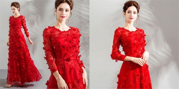 rojo vestido rojo vestido largo manga larga - Etsy México