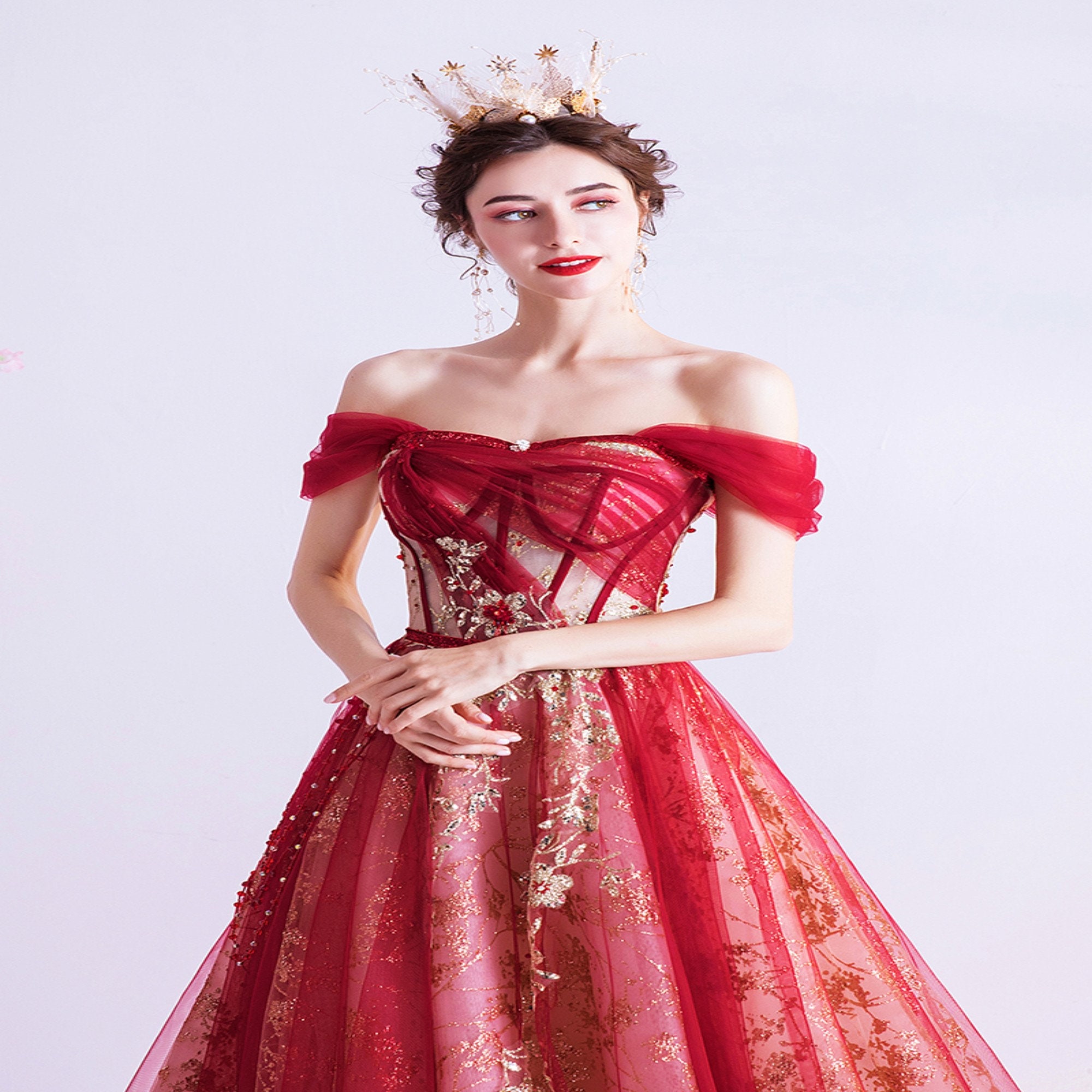 gold and red evening gown