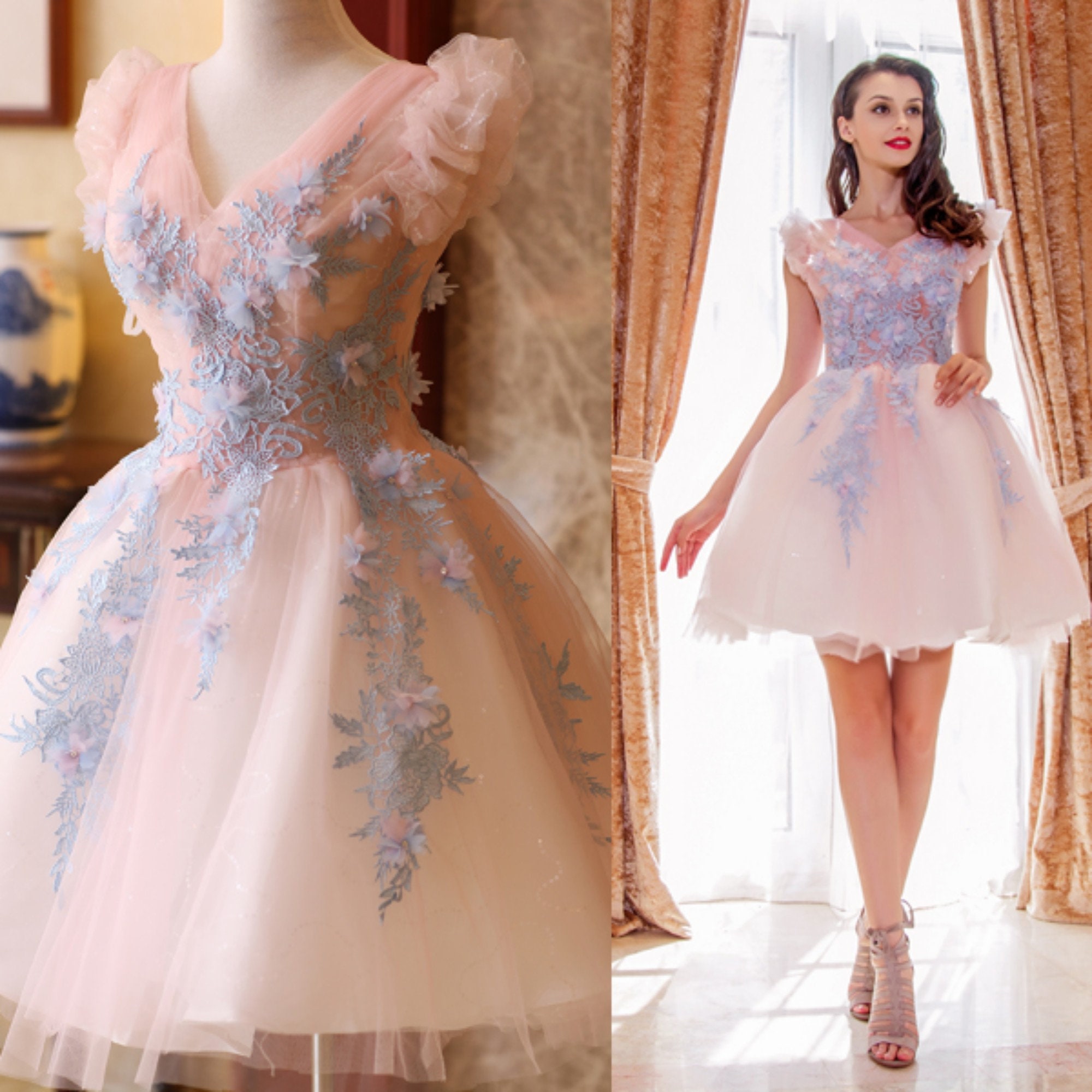 Light Pink Junior/senior Girl Homecoming Dress Lace Flowers - Etsy Singapore