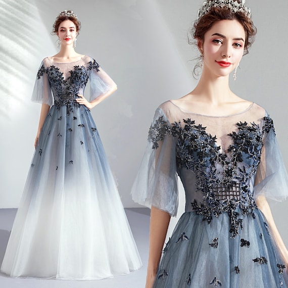 Fantasy Gradient Blue Evening Dress Half Sleeves Prom Party - Etsy Norway
