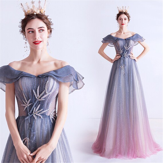 Sparkly Blue Party Dress Elegant off Shoulder Evening Dress - Etsy