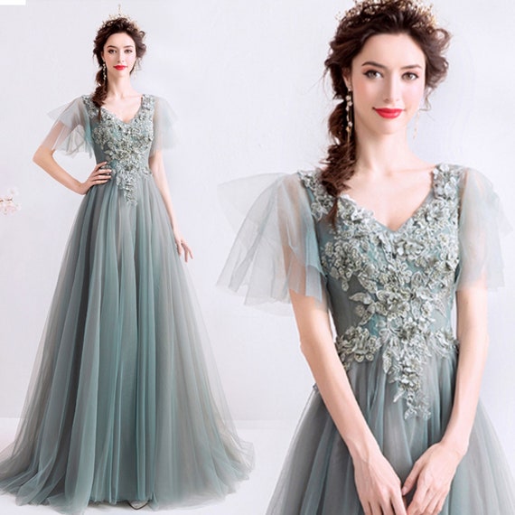 Elegant Gray Green Bridesmaid Dress V-neck Corset Wedding - Etsy