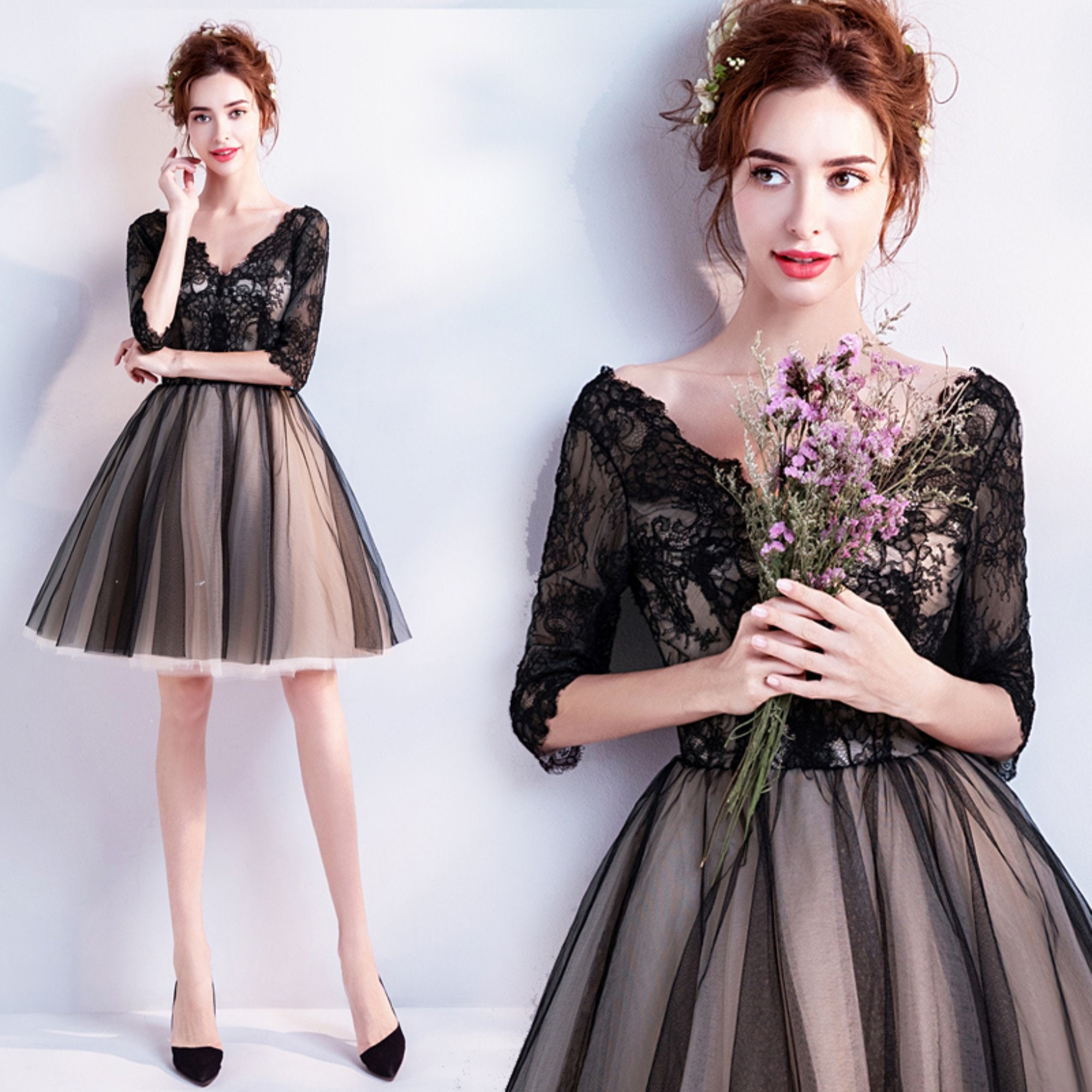 short black lace prom dress