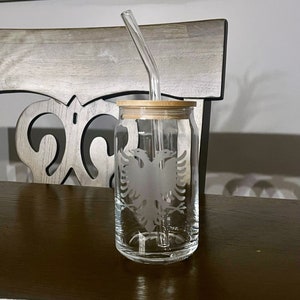 Personalized Albanian Eagle Etched Glass with Bamboo Lid and Glass Straw