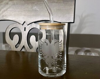 Personalized Albanian Eagle Etched Glass with Bamboo Lid and Glass Straw