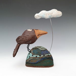 Handbuilt Brown Ceramic Bird on Colorful Mount with White Cloud above, Pottery Bird Ornament, Bird Lover Gift