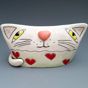 White cat, Cat with hearts, Cat Figurine, Animal Figurine, Handmade Porcelain Statue, Cat lovers gift