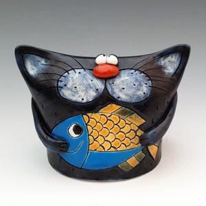 Chat bleu, Drôle de chat, Figurine de chat, Figurine danimal, Statue en céramique faite à la main, Décoration intérieure, Cadeau de pendaison de crémaillère, Cadeau danniversaire, Cadeau pour les amoureux des chats image 1