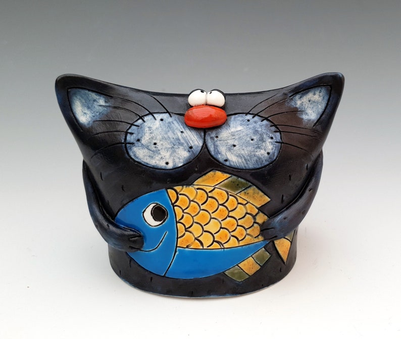 Chat bleu, Drôle de chat, Figurine de chat, Figurine danimal, Statue en céramique faite à la main, Décoration intérieure, Cadeau de pendaison de crémaillère, Cadeau danniversaire, Cadeau pour les amoureux des chats image 1