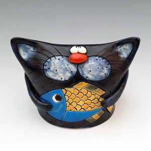 Chat bleu, Drôle de chat, Figurine de chat, Figurine danimal, Statue en céramique faite à la main, Décoration intérieure, Cadeau de pendaison de crémaillère, Cadeau danniversaire, Cadeau pour les amoureux des chats image 2