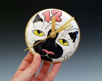 Black and White Wall clock, Handmade Ceramic Cat clock, Home Decor, Housewarming Gift, Animal clock, Birthday Gift, Cat Lovers gift