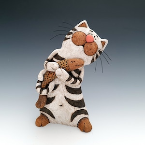 Cat with fish, Ceramic cat sculpture, Handmade ceramic statue, Home decor, Cat lovers gift