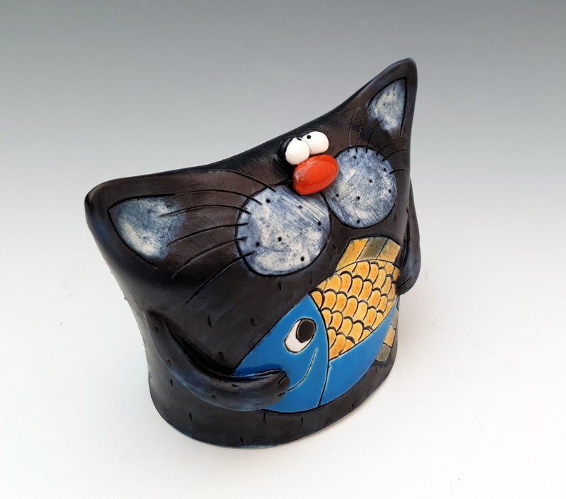 Chat bleu, Drôle de chat, Figurine de chat, Figurine danimal, Statue en céramique faite à la main, Décoration intérieure, Cadeau de pendaison de crémaillère, Cadeau danniversaire, Cadeau pour les amoureux des chats image 3