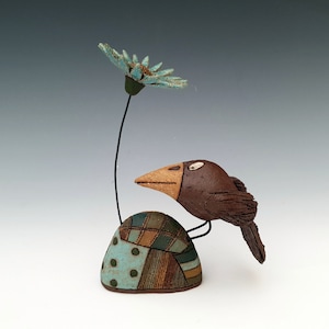 Handbuilt Brown Ceramic Bird on Colorful Mount with Blue Flower, Pottery Bird Ornament, Bird Lover Gift