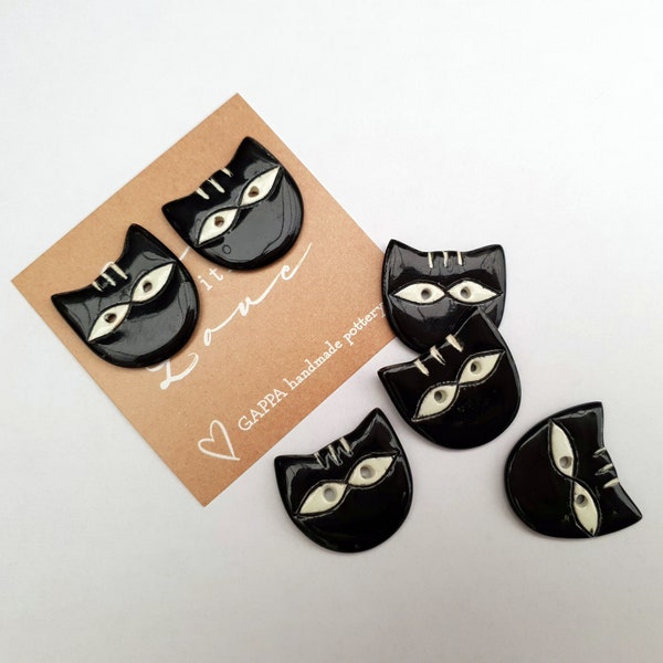 Handmade ceramic cat shaped buttons, Set of 6 black and white craft buttons/bespoke buttons/crochet/knitting/sewing
