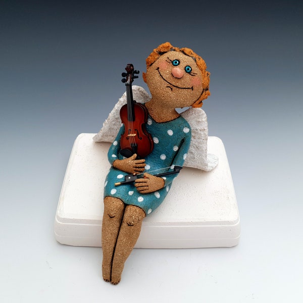 Guardian angel, Angel with violine, Sitting angel, Ceramic figurine, Home decor, Gift for music lover, Valentine's day gift, Angel sculpture