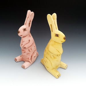 Handmade ceramic bunny rabbit, Pink hare statue, Easter decoration, Kids room decor, Woodland animals
