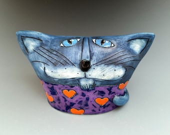 Blue cat, Love cat, Cat with heart, Porcelain cat figurine, Gift for her, Handmade cat statuette