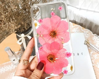 Apple Handmade Genuine Pressed Real Big Pink Dried Flower Lovely iPhone Case | iPhone Clear Case 13 12 11 pro max X XS XR 7 8 plus 6 6s SE
