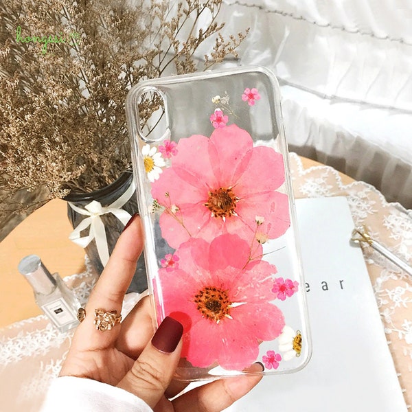 Apple Handmade Genuine Pressed Real Big Pink Dried Flower Lovely iPhone Case | iPhone Clear Case 13 12 11 pro max X XS XR 7 8 plus 6 6s SE