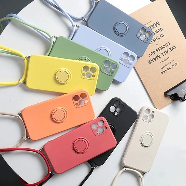 Colorful Necklace Strap Liquid Silicone Case with Ring Holder Strap Case for iPhone 13 Pro Max 12 MiNi 11 X XR XS Max 6s 7 8 Plus Cards Slot