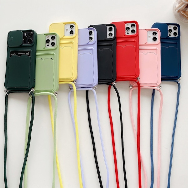 Colorful Necklace Strap Liquid Silicone Case with Crossbody Rope Lanyard for iPhone 14 13 12 MiNi 11 Pro X XR XS Max 6s 7 8 Plus Cards Slot