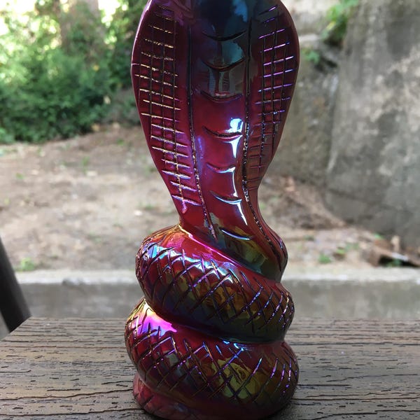 Aura Obsidian Cobra Snake Carving Rainbow Iridescent Crystal Statue 288g 5.5in