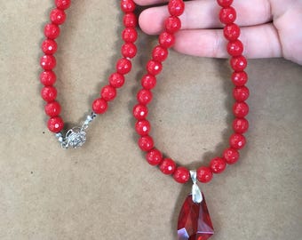 Red Coral Bead Necklace Faceted Red Glass Teardrop Pendant Statement Necklace Jewelry Gift