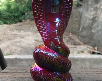 Aura Obsidian Cobra Snake Carving Rainbow Iridescent Crystal Statue 288g 5.5in