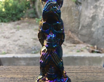 See Hear Speak No Evil Skull Statue Rainbow Titanium Aura Decor Figurine 258g 5"