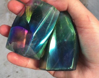Rainbow Aura Fluorite Freeform Pair Polished Crystal Set Iridescent Gemstone 2pc