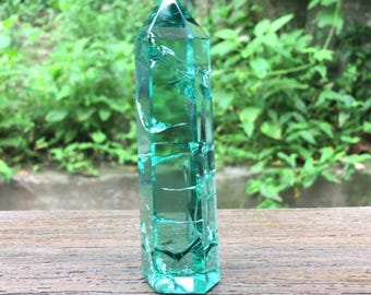 Emerald Green Crackle Quartz Fire and Ice Point Wand Polished Crystal 4in