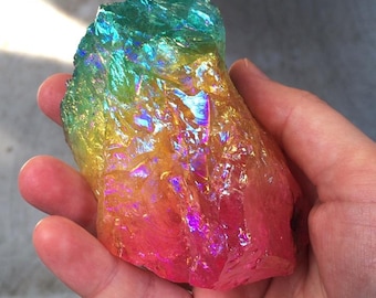 Rainbow Aura Quartz Raw Crystal Iridescent Colorful Display Stone Specimen 164g