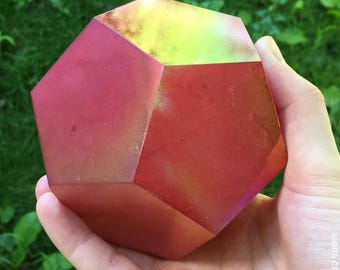 Red Aura Quartz Dodecahedron Crystal Sacred Geometry Grid Centerpiece Root Sacral Energy Stone 4"