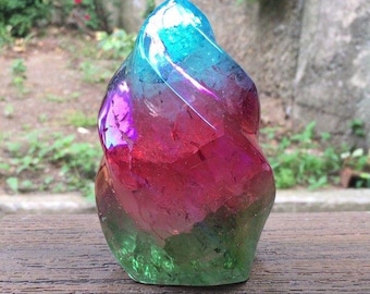 RGB Aura Quartz Flame Color Treated Rainbow Crystal Stone Decor 4.5"