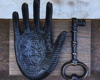 Protection and Road Opening Iron Hand of Fatima Hamsa and Skeleton Key Set 2pc Occult Spiritual Witch