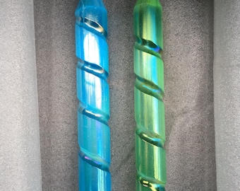 Aura Selenite Spiral Wand Crystal Point 2 Piece Set Blue Green 7"