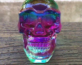 Rainbow Aura Glass Crystal Skull Iridescent Carved Metaphysical 296g 3"