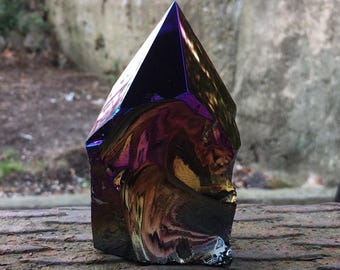 Titanium Aura Obsidian Crystal Point Rainbow Obsidian Tower Protection Grounding Energy Stone 4"