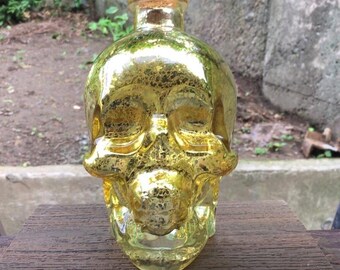 Golden Glass Crystal Skull Bottle Decorative Corked Gothic Display Decor 856g