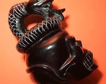 Black Obsidian Snake Skull Carving Crystal Sculpture Polished Stone Gothic Decor Protection Energy 6.5"