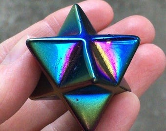 Titanium Aura Merkaba Star Crystal Rainbow Iridescent Sacred Geometry Decor 1.5"