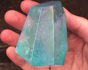 Aqua Blue Aura Quartz Freeform Crystal Polished Stone Display Specimen Reiki Energy Gem 118g