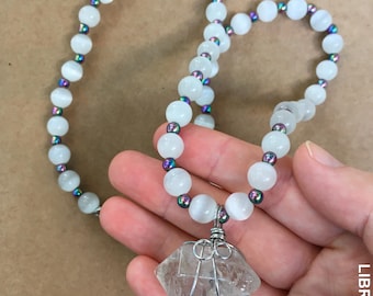 White Cats Eye Bead Necklace Rainbow Hematite Quartz Pendant Wire Wrapped Crystal Necklace