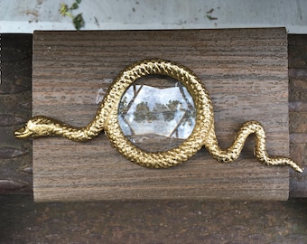 Vintage Snake Magnifying Glass Gold Tone Desk Decor Crystal Lens