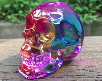 Rainbow Aura Glass Crystal Skull Vibrant Iridescent Luminous 3in