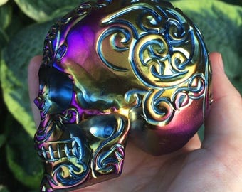 Titanium Aura Crystal Skull Carved Vine Rainbow Aura Quartz Skull 3"